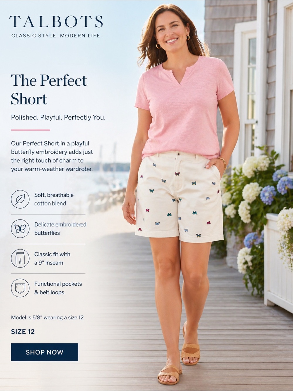 Talbots Perfect Shorts Size 12 White Butterfly Embroidered Cotton Preppy Summer